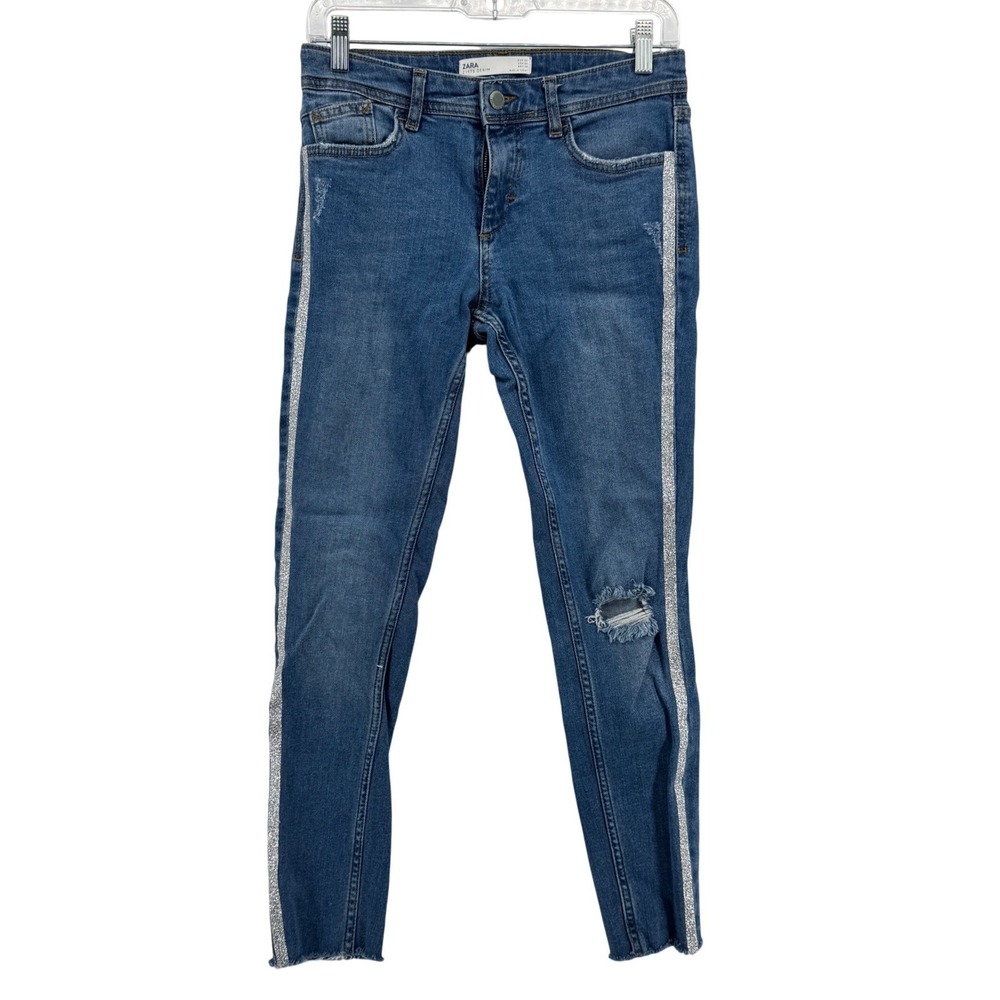 Zara Jeans Womens‎ 4 Z1975 Denim Slim Silver Glitter Side Stripe Blue Distressed